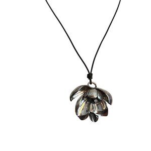 Fossil Silver Tone Flower Pendant Necklace Clear Rhinestones Cord Adj 20"